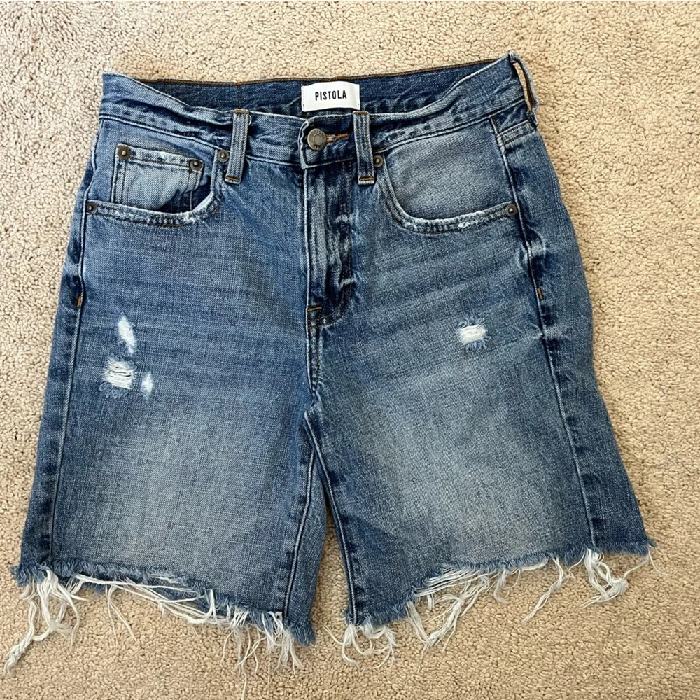 Pistola High Waist Cotton Distressed Raw Hem Long Denim Shorts Size Women’s 24